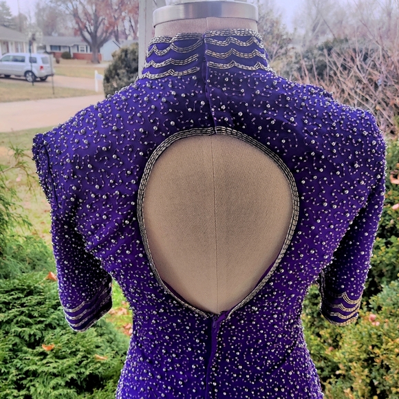 S/M 80s Royal Purple Beaded Glam Dress - Picture 5 of 8